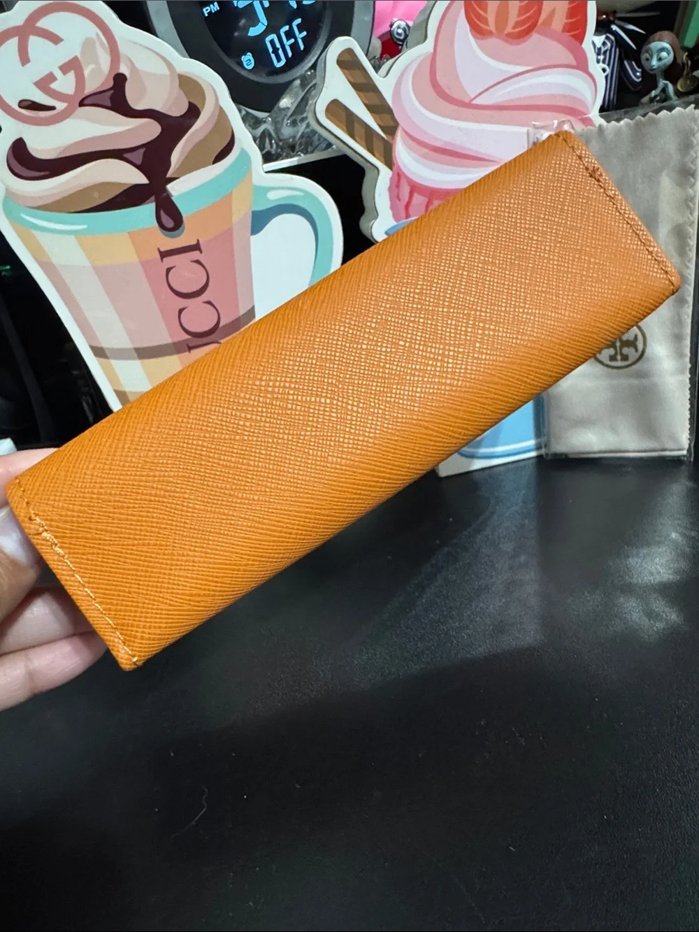 Tory Burch Orange Saffiano Leather Glasses Case with Gold Logo